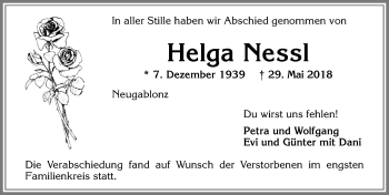 Traueranzeige von Helga Nessl von Allgäuer Zeitung, Kaufbeuren/Buchloe