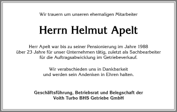 Traueranzeige von Helmut Apelt von Allgäuer Anzeigeblatt
