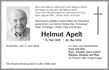 Traueranzeige von Helmut Apelt von Allgäuer Anzeigeblatt