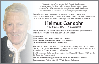 Traueranzeige von Helmut Gansohr von Allgäuer Zeitung, Kaufbeuren/Buchloe