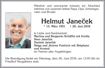 Traueranzeige von Helmut Janecek von Allgäuer Zeitung, Kaufbeuren/Buchloe