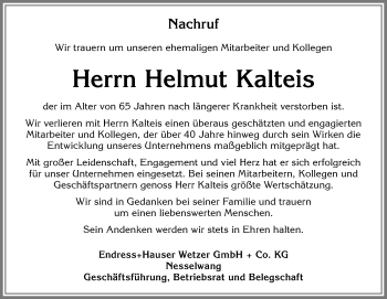 Traueranzeige von Helmut Kalteis von Allgäuer Zeitung