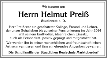 Traueranzeige von Helmut Preiß von Allgäuer Zeitung, Marktoberdorf