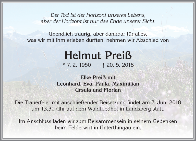  Traueranzeige für Helmut Preiß vom 02.06.2018 aus Allgäuer Zeitung, Marktoberdorf