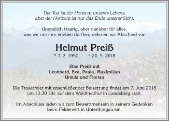 Traueranzeige von Helmut Preiß von Allgäuer Zeitung, Marktoberdorf