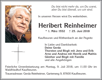 Traueranzeige von Heribert Reinheimer von Allgäuer Zeitung, Kaufbeuren/Buchloe