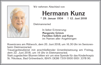 Traueranzeige von Hermann Kunz von Allgäuer Zeitung,Kempten