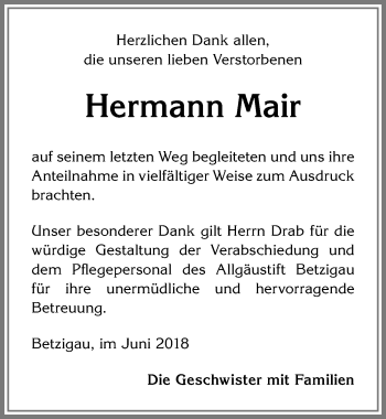 Traueranzeige von Hermann Mair von Allgäuer Zeitung,Kempten