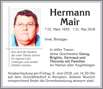Traueranzeige von Hermann Mair von Allgäuer Zeitung,Kempten