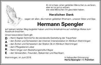 Traueranzeige von Hermann Spengler von Memminger Zeitung
