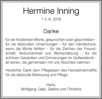 Traueranzeige von Hermine Inning von Allgäuer Zeitung, Kaufbeuren/Buchloe