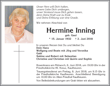Traueranzeige von Hermine Inning von Allgäuer Zeitung, Kaufbeuren/Buchloe