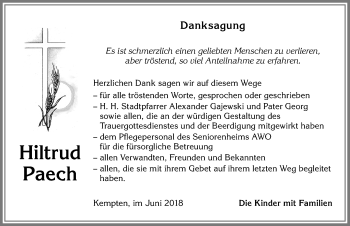 Traueranzeige von Hiltrud Paech von Allgäuer Zeitung,Kempten