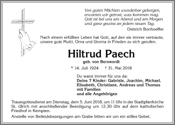 Traueranzeige von Hiltrud Paech von Allgäuer Zeitung,Kempten