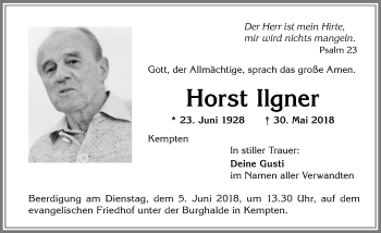 Traueranzeige von Horst Ilgner von Allgäuer Zeitung,Kempten