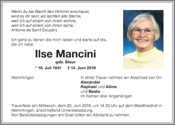 Traueranzeige von Ilse Mancini von Memminger Zeitung
