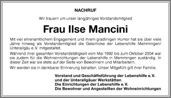 Traueranzeige von Ilse Mancini von Allgäuer Zeitung