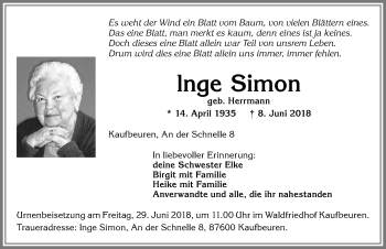 Traueranzeige von Inge Simon von Allgäuer Zeitung, Kaufbeuren/Buchloe