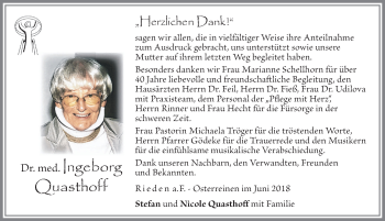 Traueranzeige von Ingeborg Quasthoff von Allgäuer Zeitung, Füssen