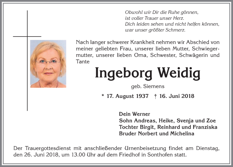  Traueranzeige für Ingeborg Weidig vom 23.06.2018 aus Allgäuer Anzeigeblatt