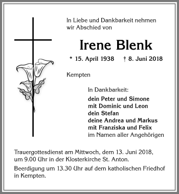Traueranzeige von Irene Blenk von Allgäuer Zeitung,Kempten