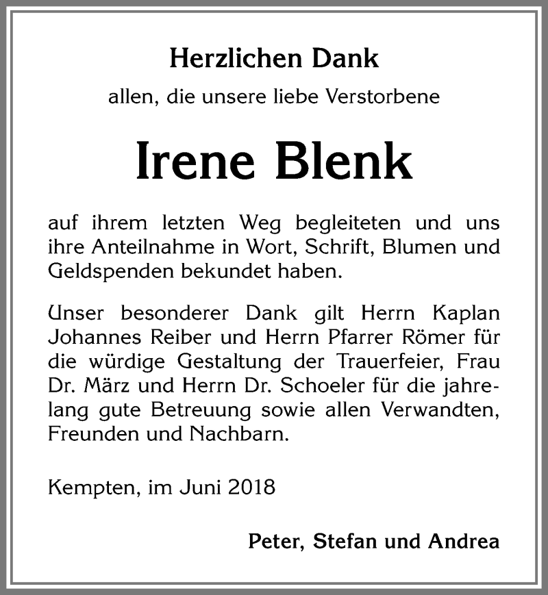  Traueranzeige für Irene Blenk vom 23.06.2018 aus Allgäuer Zeitung,Kempten