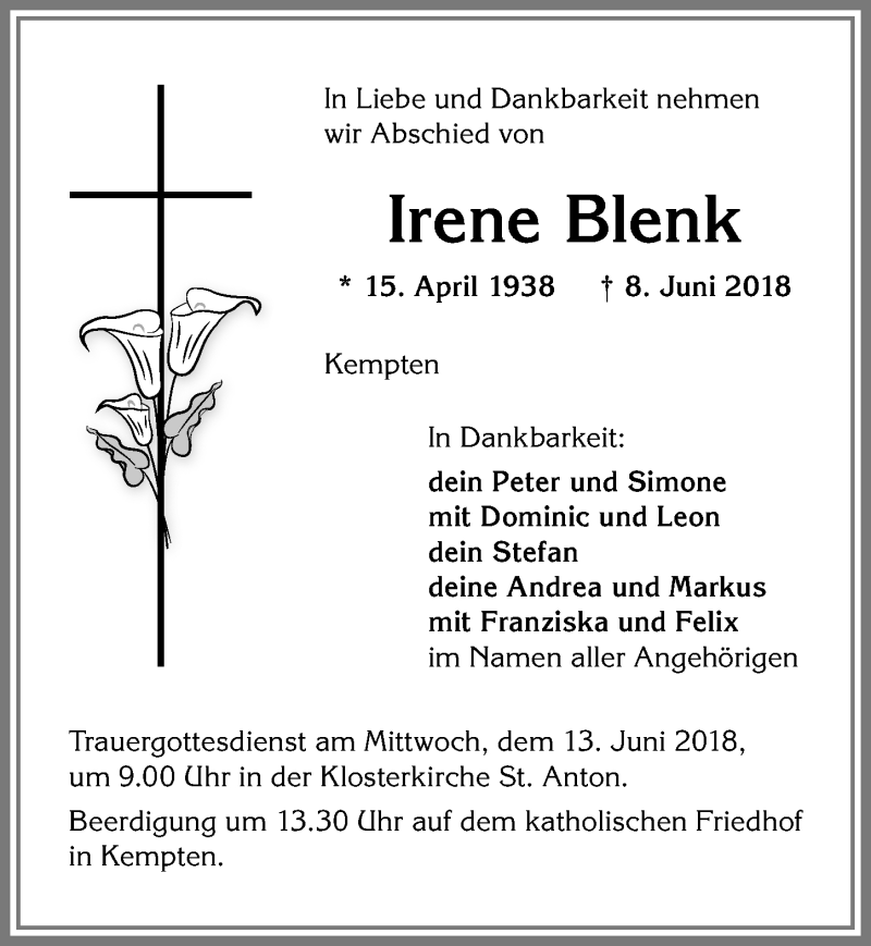  Traueranzeige für Irene Blenk vom 11.06.2018 aus Allgäuer Zeitung,Kempten
