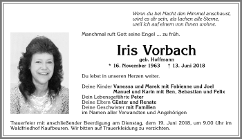 Traueranzeige von Iris Vorbach von Allgäuer Zeitung, Kaufbeuren/Buchloe
