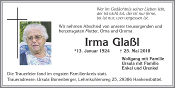 Traueranzeige von Irma Glaßl von Allgäuer Zeitung,Kempten
