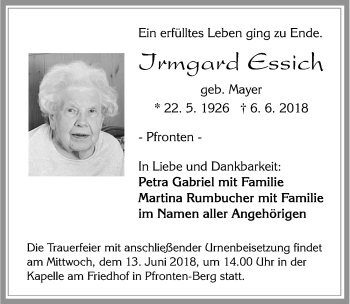 Traueranzeige von Irmgard Essich von Allgäuer Zeitung, Füssen