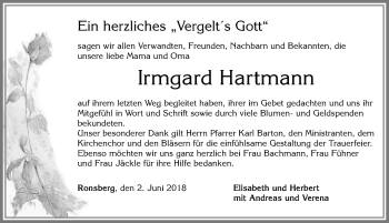 Traueranzeige von Irmgard Hartmann von Allgäuer Zeitung, Marktoberdorf