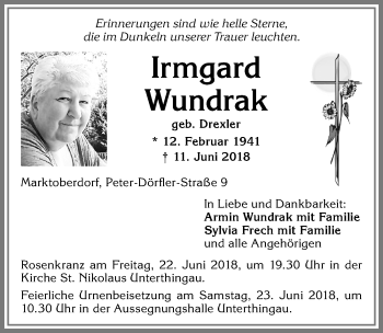 Traueranzeige von Irmgard Wundrak von Allgäuer Zeitung, Marktoberdorf