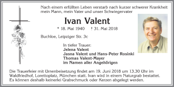 Traueranzeige von Ivan Valent von Allgäuer Zeitung, Kaufbeuren/Buchloe