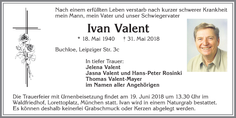  Traueranzeige für Ivan Valent vom 14.06.2018 aus Allgäuer Zeitung, Kaufbeuren/Buchloe