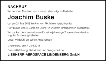 Traueranzeige von Joachim Buske von Der Westallgäuer