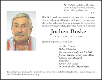 Traueranzeige von Jochen Buske von Der Westallgäuer