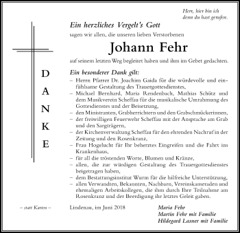 Traueranzeige von Johann Fehr von Der Westallgäuer