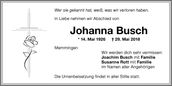 Traueranzeige von Johanna Busch von Memminger Zeitung