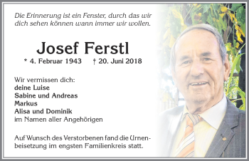 Traueranzeige von Josef Ferstl von Allgäuer Zeitung, Kaufbeuren/Buchloe