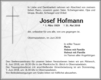 Traueranzeige von Josef Hofmann von Allgäuer Anzeigeblatt