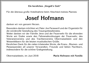 Traueranzeige von Josef Hofmann von Allgäuer Anzeigeblatt