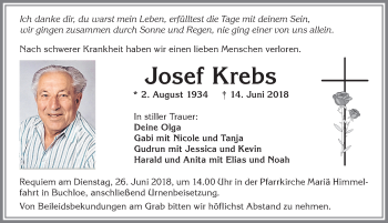 Traueranzeige von Josef Krebs von Allgäuer Zeitung, Kaufbeuren/Buchloe