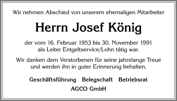 Traueranzeige von Josef König von Allgäuer Zeitung, Marktoberdorf