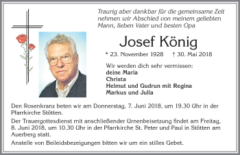 Traueranzeige von Josef König von Allgäuer Zeitung, Marktoberdorf