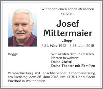Traueranzeige von Josef Mittermaier von Allgäuer Zeitung,Kempten