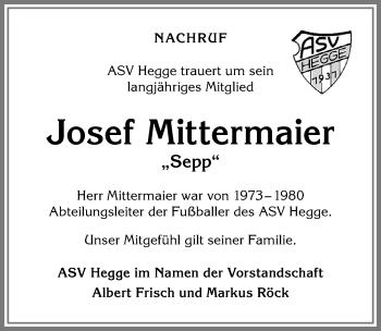 Traueranzeige von Josef Mittermaier von Allgäuer Zeitung,Kempten