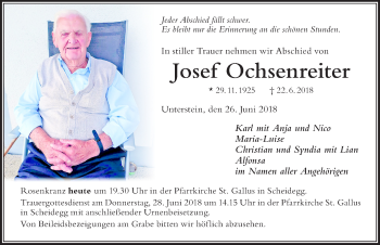 Traueranzeige von Josef Ochsenreiter von Der Westallgäuer