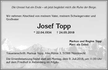 Traueranzeige von Josef Topp von Allgäuer Anzeigeblatt