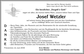 Traueranzeige von Josef Wetzler von Allgäuer Zeitung
