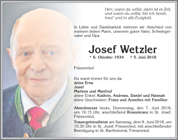 Traueranzeige von Josef Wetzler von Allgäuer Zeitung